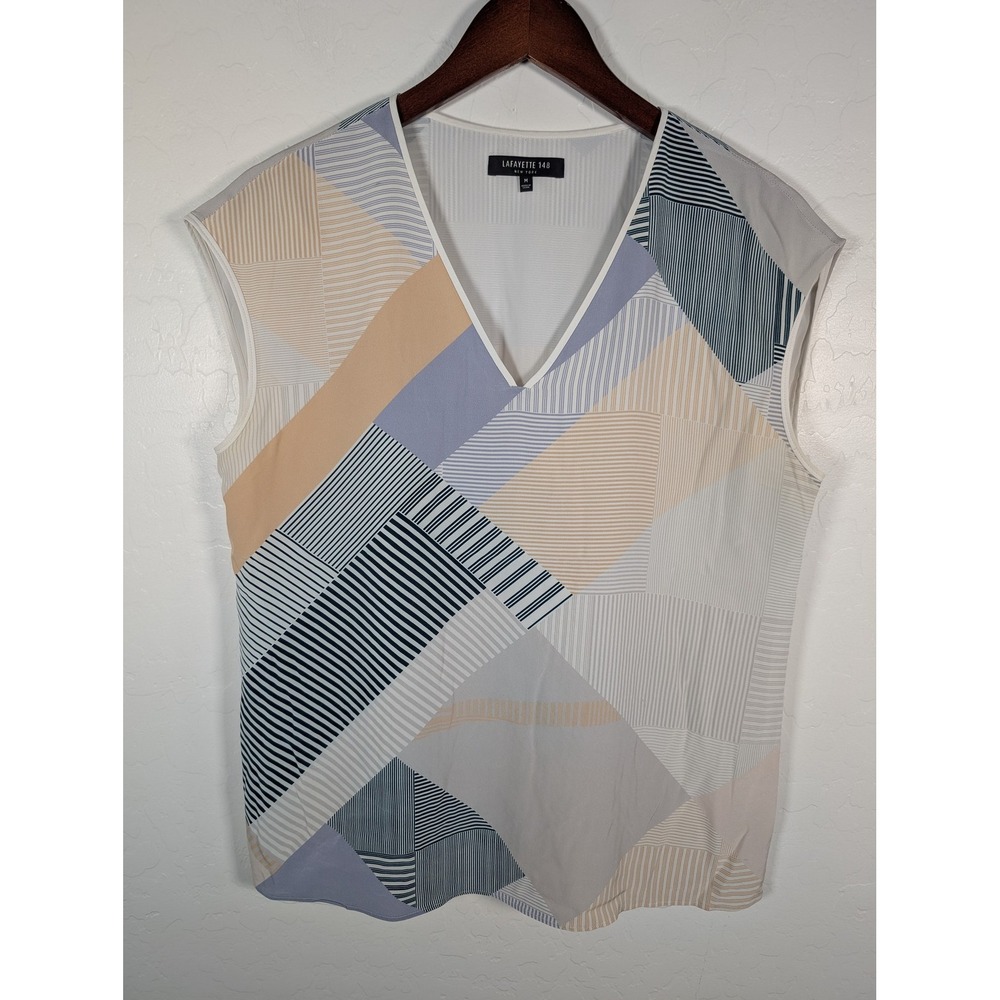 Lafayette 148 Shirt‎ Womens Medium Multicolor Silk Sleeveless V Neck Geometric